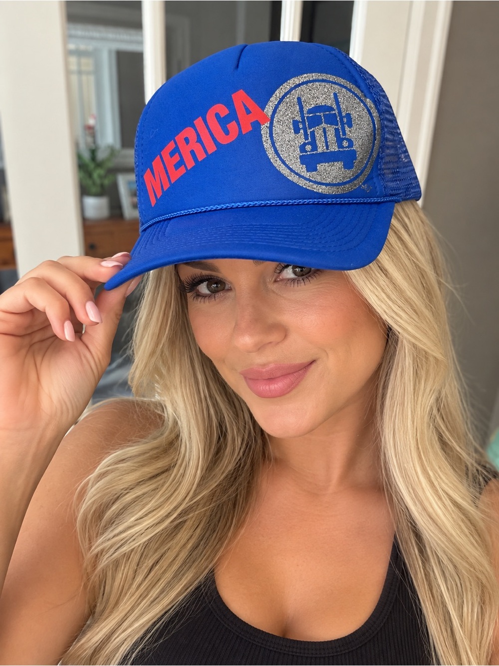 Royal Blue MERICA Logo Trucker Hat with Silver Emblem